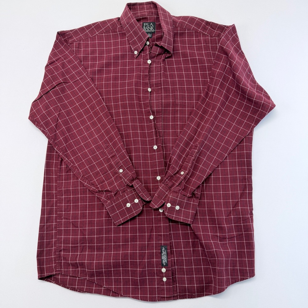 Jos. A. Bank Mens Medium Burgundy Windowpane Check Cotton Button Down Shirt